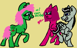 Size: 559x350 | Tagged: safe, imported from derpibooru, pinkie pie, oc, oc only, oc:chopsticks, earth pony, pegasus, pony, base used, canon x oc, dialogue, duo, female, growling, love triangle, male, mare, pinkamena diane pie, raised leg, shipping, shipping denied, simple background, stallion, text