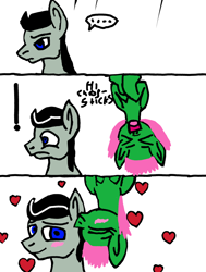 Size: 720x952 | Tagged: safe, imported from derpibooru, oc, oc only, oc:chopsticks, pegasus, pony, ..., base used, comic, dialogue, duo, exclamation point, female, heart, kissing, male, mare, oc x oc, shipping, stallion, surprise kiss, upside down