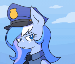 Size: 1280x1096 | Tagged: safe, artist:nova rain, imported from derpibooru, oc, oc only, oc:falling skies, pegasus, pony, animated, baton, bust, clothes, commission, eye clipping through hair, eyebrows, eyebrows visible through hair, female, freckles, judging you, looking over sunglasses, mare, police hat, police officer, police uniform, raised eyebrow, simple background, solo, sunglasses, threatening, tonfa, uniform