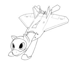 Size: 2085x1654 | Tagged: artist needed, safe, imported from derpibooru, oc, oc only, unnamed oc, original species, pony, f-22 raptor, flying, hoof shoes, jet, jet fighter, jet plane, looking up, male, monochrome, outlines only, simple background, smiling, solo, stallion, visor, white background