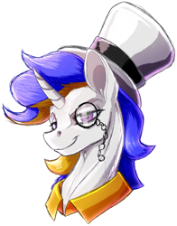 Size: 1024x1306 | Tagged: safe, artist:thatonegib, imported from derpibooru, oc, oc only, unicorn, bust, eyebrows, hat, looking at you, monocle, portrait, raised eyebrow, smiling, solo