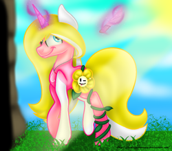 Size: 952x839 | Tagged: safe, artist:firedragonmoon15, imported from derpibooru, oc, pony, unicorn, blue eyes, blurry background, day, flowey, golden mane, jewelry, knife, levitation, light rays, magic, necklace, non-mlp character, one eye closed, pink coat, smiling, sun, sunny day, telekinesis, undertale, vine, wide smile, wink, yellow mane