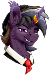 Size: 791x1186 | Tagged: safe, artist:thatonegib, imported from derpibooru, oc, oc only, oc:delta riel-delano, beanie, bust, grin, hat, heterochromia, horn, horn ring, looking at you, multicolored hair, necktie, portrait, ring, smiling, solo