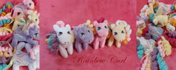 Size: 5782x2312 | Tagged: safe, artist:starfulstitches, imported from derpibooru, raincurl, ringlet, streaky, stripes (g1), earth pony, pegasus, pony, unicorn, female, g1, lying down, mare, plushie, prone, rainbow curl pony