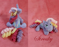 Size: 4958x3989 | Tagged: safe, artist:starfulstitches, imported from derpibooru, streaky, pony, unicorn, female, g1, lying down, mare, plushie, prone, rainbow curl pony, sitting, solo