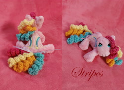 Size: 5183x3782 | Tagged: safe, artist:starfulstitches, imported from derpibooru, stripes (g1), earth pony, pony, female, lying down, mare, plushie, prone, rainbow curl pony, sitting, solo