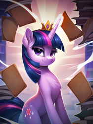 Size: 2048x2724 | Tagged: safe, editor:montaraz13, imported from derpibooru, prompter:montaraz13, twilight sparkle, pony, unicorn, ai content, ai generated, chest fluff, crown, ear fluff, female, generator:novelai, generator:stable diffusion, levitation, lidded eyes, looking at you, magic, pile of books, regalia, smiling, smiling at you, smirk, solo, telekinesis, unicorn twilight