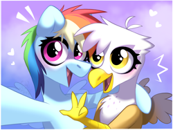 Size: 2160x1620 | Tagged: safe, artist:rtootb, imported from derpibooru, gilda, rainbow dash, griffon, pegasus, pony, baby, baby griffon, baby pony, beak, best friends, big eyes, blue background, blue fur, blushing, cloud, colt, cute, cute pony, cute smile, digital art, duo, duo female, eyes open, feather, feathered wings, female, foal, frame, friends, g4, gildadorable, glare, gradient background, halfbody, happy, happy baby, looking at something, looking up, mare, multicolored hair, open mouth, open smile, peace sign, photography, pink eyes, purple background, rainbow hair, raised hoof, selfie, simple background, smiling, spread wings, stylized, victory sign, white fur, wings, yellow eyes