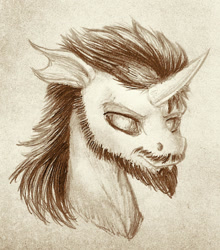 Size: 900x1021 | Tagged: safe, artist:thatonegib, imported from derpibooru, oc, oc only, oc:gib riel-delano, changedling, changeling, beard, bust, changedling oc, changeling oc, facial hair, looking at you, pencil drawing, portrait, scar, solo, traditional art