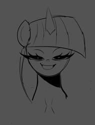 Size: 1127x1480 | Tagged: safe, artist:ponconcarnal, imported from derpibooru, twilight sparkle, pony, unicorn, bust, monochrome, sketch, smiling, solo