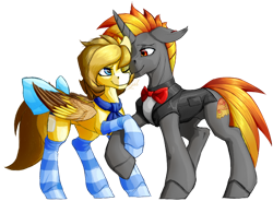 Size: 1024x755 | Tagged: safe, artist:thatonegib, imported from derpibooru, oc, oc only, pegasus, unicorn, bowtie, clothes, ear piercing, earring, folded wings, holding hooves, jacket, jewelry, looking at each other, looking at someone, multicolored hair, neckerchief, piercing, smiling, socks, wings
