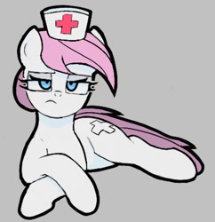 Size: 880x908 | Tagged: safe, artist:ponconcarnal, imported from derpibooru, nurse redheart, earth pony, pony, frown, lying down, solo