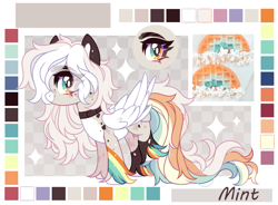 Size: 2364x1736 | Tagged: safe, artist:mint-light, artist:shineyaris, imported from derpibooru, oc, oc only, pegasus, adoptable, base used, checkered background, female, food, looking at you, multicolored coat, multicolored hair, multicolored mane, palette, pegasus oc, signature, solo, waffle