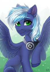 Size: 1920x2742 | Tagged: safe, artist:hakaina, imported from derpibooru, oc, oc:moonlight drop, pegasus, abstract background, ears up, green, green eyes, headphones, looking at you, male, raised hoof, smiling, smiling at you, solo, spread wings, stallion, wings