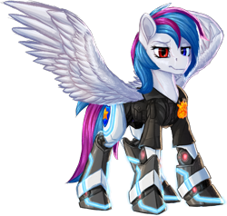 Size: 1607x1532 | Tagged: safe, artist:thatonegib, imported from derpibooru, oc, oc only, amputee, clothes, heterochromia, jacket, multicolored hair, police officer, police uniform, prosthetic leg, prosthetic limb, prosthetics, solo, spread wings, wings