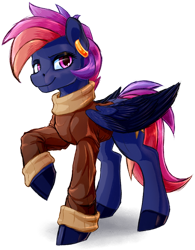 Size: 1024x1311 | Tagged: safe, artist:thatonegib, imported from derpibooru, oc, oc only, pegasus, clothes, ear piercing, earring, folded wings, jacket, jewelry, looking at you, piercing, raised hoof, smiling, solo, wings