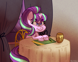 Size: 1000x800 | Tagged: safe, artist:tallykale, imported from derpibooru, starlight glimmer, pony, unicorn, amending fences, eyebrows, eyebrows visible through hair, female, frown, mare, s5 starlight, scene interpretation, solo, table