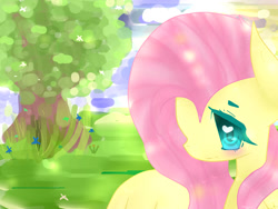 Size: 1024x768 | Tagged: safe, artist:magicangelstarartist, imported from derpibooru, fluttershy, pegasus, pony, blurry background, blushing, female, mare, side view, solo, tree