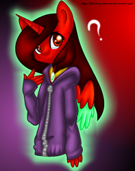 Size: 759x965 | Tagged: safe, artist:firedragonmoon15, imported from derpibooru, oc, oc:phoenix scarletruby, alicorn, anthro, brown mane, clothes, coat, colored wings, glowing, gradient background, jewelry, looking at you, mint wings, necklace, question mark, red coat, red wings, solo, two toned wings, wings