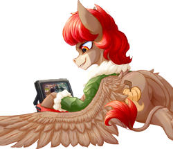 Size: 1024x882 | Tagged: safe, artist:thatonegib, imported from derpibooru, oc, oc only, donkey, clothes, donkey oc, grin, jacket, lying down, nintendo switch, playing video games, skullgirls, smiling, solo, wings