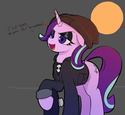 Size: 2149x1977 | Tagged: safe, artist:ponconcarnal, imported from derpibooru, starlight glimmer, pony, unicorn, beanie, clothes, goth, hat, jacket, makeup, open mouth, skateboard, smiling, solo, text