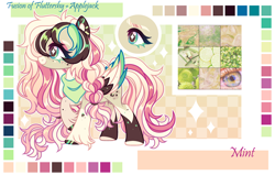 Size: 3662x2322 | Tagged: safe, artist:mint-light, imported from derpibooru, oc, oc only, adoptable, checkered background, eyeball, female, flower, human eye, implied applejack, implied fluttershy, looking at you, moss, multicolored coat, multicolored hair, multicolored mane, offspring, offspring shipping, palette, parent:applejack, parent:fluttershy, signature, solo
