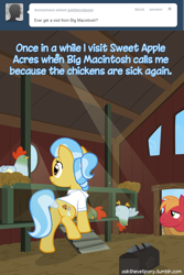 Size: 600x900 | Tagged: safe, artist:adiwan, imported from derpibooru, big macintosh, doctor fauna, bird, chicken, earth pony, pony, ask the vet pony, ask, butt, female, male, mare, plot, sick, solo, stallion