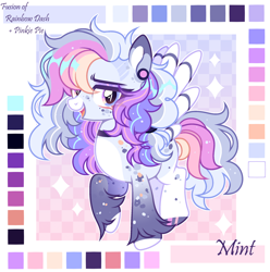 Size: 2268x2284 | Tagged: safe, artist:mint-light, imported from derpibooru, oc, oc only, pegasus, adoptable, checkered background, ear piercing, earring, female, fusion, fusion:pinkie pie, fusion:rainbow dash, jewelry, looking at you, multicolored coat, multicolored hair, multicolored mane, open mouth, open smile, palette, pegasus oc, piercing, raised hoof, signature, smiling, solo