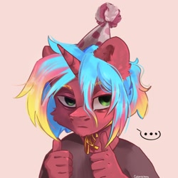 Size: 2048x2048 | Tagged: safe, artist:colorbrush, imported from derpibooru, oc, oc only, anthro, unicorn, ..., hat, party hat, simple background, solo, thumbs up