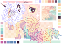 Size: 3102x2204 | Tagged: safe, artist:mint-light, artist:shineyaris, imported from derpibooru, oc, oc only, unicorn, adoptable, base used, checkered background, female, horn, looking at you, multicolored coat, multicolored hair, multicolored mane, palette, signature, solo, unicorn oc