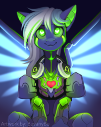 Size: 4724x5906 | Tagged: safe, artist:buvanybu, imported from derpibooru, oc, oc:moonlight drop, pegasus, pony, robot, robot pony, cute, green eyes, headphones, heart, heart eyes, looking at you, neon, signature, sitting, solo, species swap, staring into your soul, wingding eyes