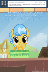 Size: 600x900 | Tagged: safe, artist:adiwan, imported from derpibooru, doctor fauna, earth pony, pony, ask the vet pony, ask, cake, food, solo, vegan
