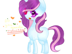 Size: 1024x768 | Tagged: safe, artist:magicangelstarartist, imported from derpibooru, oc, oc only, pony, unicorn, birthday gift art, female, gift art, heterochromia, mare, simple background, solo, text
