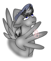Size: 642x766 | Tagged: safe, imported from derpibooru, oc, oc only, oc:chopsticks, pegasus, hat, looking up, male, simple background, solo, stallion, thinking, white background, wing hands, wings