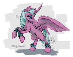 Size: 974x762 | Tagged: safe, artist:jelly_hamwich, imported from derpibooru, opaline arcana, alicorn, unicorn, spoiler:g5, g5, misty brightdawn, raised hooves, rearing, simple background, white background
