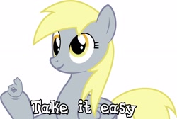 Size: 2560x1724 | Tagged: safe, edit, imported from derpibooru, derpy hooves, pegasus, pony, caption, cute, female, hoof fingers, mare, meme, ok, ok hand emoji, simple background, smiling, solo, text, wat