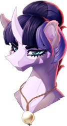 Size: 846x1580 | Tagged: safe, artist:thatonegib, imported from derpibooru, oc, oc only, original species, shark, shark pony, bust, gills, hair bun, horn, jewelry, looking at you, multicolored hair, necklace, portrait, solo, unamused