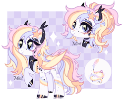 Size: 2620x2094 | Tagged: safe, artist:mint-light, imported from derpibooru, oc, oc only, bat pony, adoptable, bat ears, bat pony oc, checkered background, choaker, eyeshadow, female, hairpin, looking at you, makeup, multicolored coat, multicolored hair, multicolored mane, music notes, palette, signature, slit pupils, smiling, snake eyes, sparkles