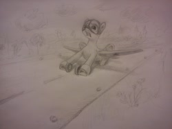 Size: 1500x1125 | Tagged: safe, imported from derpibooru, oc, oc only, unnamed oc, original species, plane pony, pony, airfield, cloud, crash landing, cute, flower, frown, landing, mig-3, mikoyan-gurevich mig-3, nervous, ouch, pencil drawing, plane, runway, scared, simple background, sketch, solo, traditional art, tree