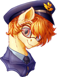 Size: 945x1267 | Tagged: safe, artist:thatonegib, imported from derpibooru, oc, oc only, bust, clothes, glasses, hat, jacket, looking at you, necktie, portrait, shirt, smiling, solo, uniform