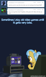 Size: 600x1000 | Tagged: safe, artist:adiwan, imported from derpibooru, doctor fauna, earth pony, pony, ask the vet pony, ask, controller, female, gaming, mare, solo, television, video game