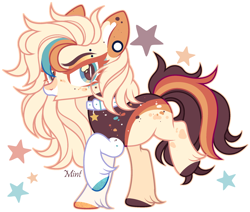 Size: 2220x1884 | Tagged: safe, artist:mint-light, imported from derpibooru, oc, oc only, earth pony, adoptable, colar, duckface, ear piercing, earring, earth pony oc, female, hair over one eye, jewelry, looking at you, multicolored coat, multicolored hair, multicolored mane, palette, piercing, raised hoof, signature, simple background, solo, stars, unshorn fetlocks, white background