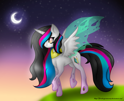 Size: 1272x1036 | Tagged: safe, artist:firedragonmoon15, imported from derpibooru, oc, pony, black mane, black tail, blue mane, blue tail, blurry background, gradient eyes, hybrid wings, insect wings, jewelry, moon, multicolored mane, multicolored tail, necklace, night, pink mane, pink tail, smiling, spread wings, tail, transparent wings, trotting, white wings, wings