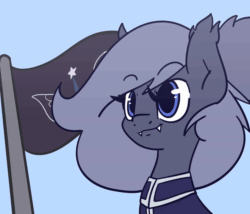 Size: 1280x1096 | Tagged: safe, artist:nova rain, imported from derpibooru, oc, oc only, oc:selenite, bat pony, pony, animated, clothes, commission, eye clipping through hair, eyebrows, eyebrows visible through hair, eyes closed, fangs, female, flag, flag pole, lunar empire, mare, open mouth, open smile, salute, simple background, smiling, solo, uniform