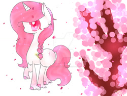 Size: 1024x768 | Tagged: safe, artist:magicangelstarartist, imported from derpibooru, oc, oc only, oc:sakura, pony, unicorn, art trade, cherry blossoms, female, flower, flower blossom, mare, sideview, simple background, solo, watermark