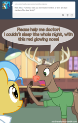 Size: 600x950 | Tagged: safe, artist:adiwan, imported from derpibooru, doctor fauna, deer, earth pony, pony, ask the vet pony, ask, clothes, cloven hooves, red nose, rudolph the red nosed reindeer, sweater