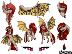 Size: 4000x3000 | Tagged: safe, artist:frazy, imported from derpibooru, oc, oc:resonant deflection, bat pony, hybrid, bat wings, braid, braided ponytail, claws, ears back, ears up, female, long tongue, mare, pink eyes, ponytail, red mane, red tail, reference sheet, shiny, shiny mane, smiling, smirk, smug, solo, spread wings, standing on two hooves, tail, tongue out, vein, wing claws, wings