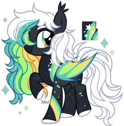 Size: 1968x2002 | Tagged: safe, artist:mint-light, imported from derpibooru, oc, oc only, adoptable, ambiguous gender, black coat, constellation freckles, freckles, hair over one eye, looking at you, multicolored mane, palette, signature, simple background, solo, transparent background