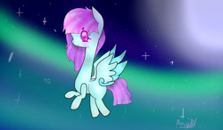 Size: 1024x599 | Tagged: safe, artist:magicangelstarartist, imported from derpibooru, oc, oc only, pegasus, pony, aurora borealis, female, flying, long neck, mare, solo, starry night