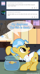 Size: 600x1100 | Tagged: safe, artist:adiwan, imported from derpibooru, doctor fauna, earth pony, fish, pony, ask the vet pony, aquarium, ask, dead, female, mare, solo, x eyes
